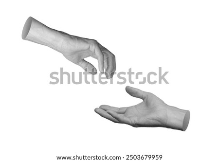 Two hands reaching to each other for love, unity, help, isolated on white background.