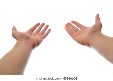 Two hands reaching and holding a concept isolated on white background. First person point of view.