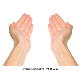 Two Hands Reaching And Holding A Concept Isolated On White Background. First Person Point Of View.