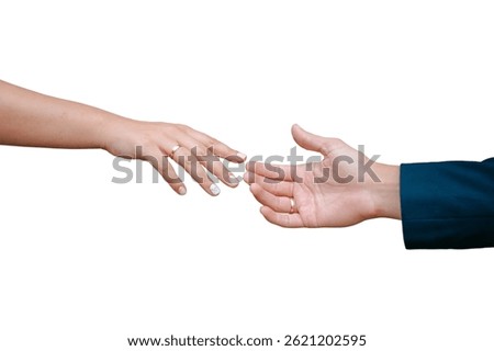Two hands reaching out to each other on a white background. Man and woman union. The image can symbolize cooperation, support, love, partnership, help or any relationship. Wedding.