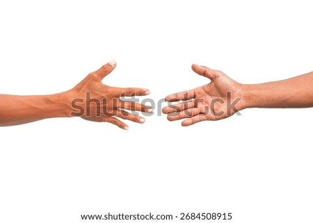 Two hands reaching out to each other symbolizing connection, support, and assistance on a white background