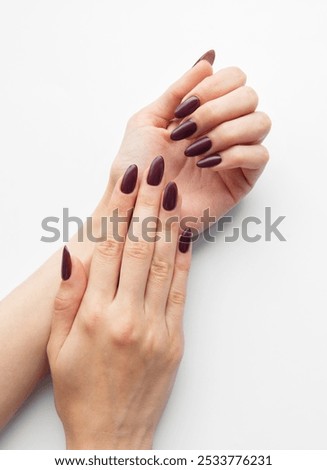 Two hands showcase a stylish deep burgundy nail design on a stark white surface, highlighting the details of a recent manicure session.
