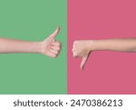 Two hands showing thumbs up and thumbs down gestures on a red and green background. The concept of sign language is like or dislike.