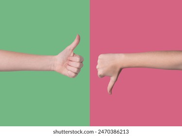 Two hands showing thumbs up and thumbs down gestures on a red and green background. The concept of sign language is like or dislike. - Powered by Shutterstock