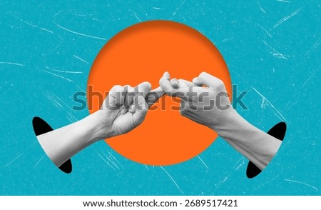 Two hands are shown interlocking fingers against a bright orange circle on a vibrant blue background, symbolizing connection and commitment in a creative manner.
