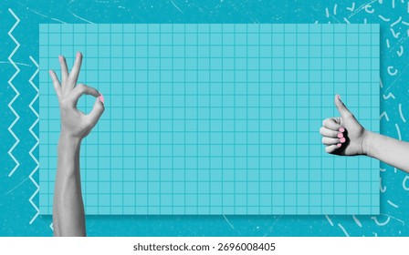 Two hands are shown making different gestures of approval. One hand forms an OK sign while the other gives a thumbs up. The bright blue background features a grid and fun doodles.