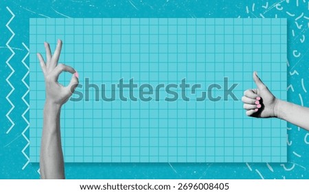 Two hands are shown making different gestures of approval. One hand forms an OK sign while the other gives a thumbs up. The bright blue background features a grid and fun doodles.