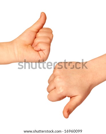 Two hands with thumbs up and down on white background