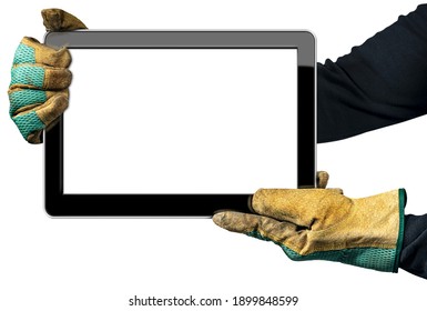 Two Hands With Work Dirty Gloves Showing An Empty Digital Tablet, Isolated On White Background With Copy Space.