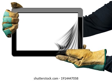 Two Hands With Work Dirty Gloves Showing A Digital Tablet Computer With Curled Blank Pages. Isolated On White Background With Copy Space.