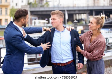 two handsome men fighting while a woman is trying to intervene