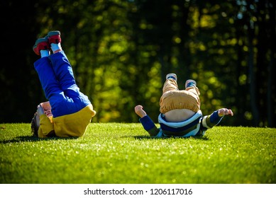 Two happy boys playing on fresh green grass meadow. Tumble and smiling together brothers kids are best friends.