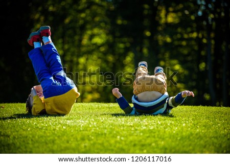 Two happy boys playing on fresh green grass meadow. Tumble and smiling together brothers kids are best friends.