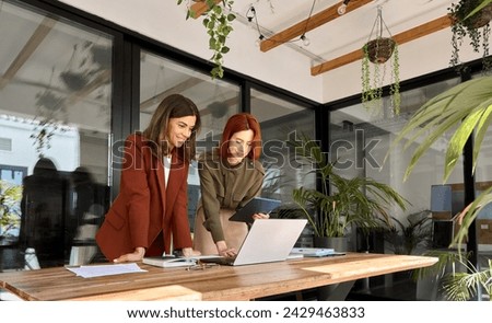 Two happy business women executives of young and middle age talking working in green office. Smiling professional ladies partners using laptop and tablet technology devices standing at work table.