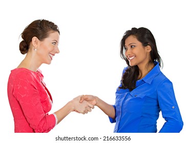 Two happy business women shaking hands, after conflict resolution, finding solution to problem, isolated white background. Positive human emotions, facial expressions, attitude