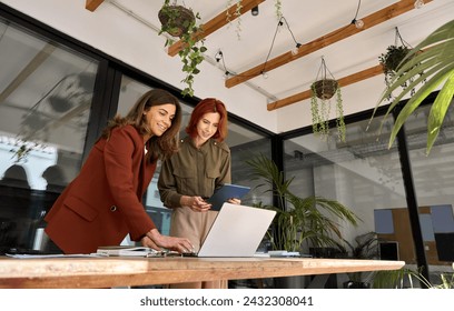 Two happy business women of young and middle age talking working in green office. Smiling professional ladies entrepreneurs partners using laptop and tablet technology devices standing at work table.