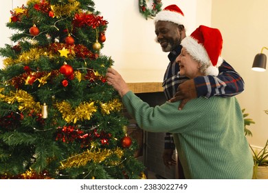 Two happy diverse male and female senior friends in santa hats, decorating christmas tree at home. Retirement, christmas, celebration, friendship, togetherness and senior lifestyle, unaltered. - Powered by Shutterstock