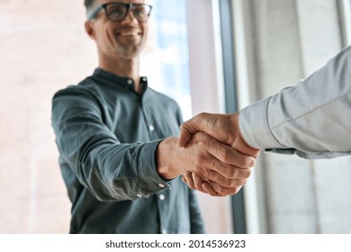 Two happy diverse professional business men executive leaders shaking hands at office meeting. Smiling businessman standing greeting partner with handshake. Leadership, trust, partnership concept. - Shutterstock ID 2014536923