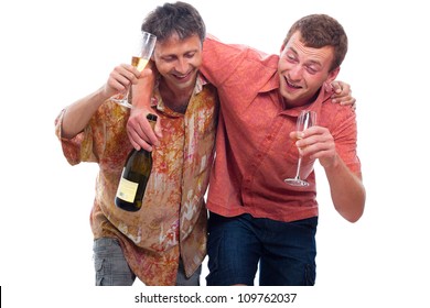 Two happy drunken men with bottle and glass of alcohol, isolated on white background.