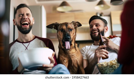 Two Happy Excited Bearded Friends Watching TV Or Some Sport Match With Dog While Sitting On The Couch At Home On Weekend