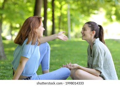 Two Happy Friends Talking Sitting On The Grass In A Park