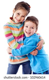 Two Happy Funny Kids Standing Together And Embracing, Isolated On White