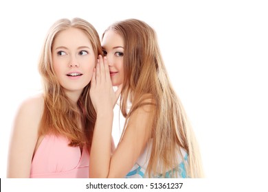 Two happy girls friends. Isolated over white background.