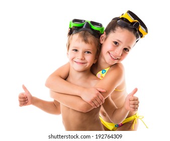 Two Happy Kids In Diving Masks Standing Together, Isolated On White