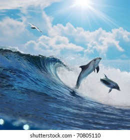 Two happy playful dolphins leaping from ocean breaking surfing wave to foam in front of cloudy seascape