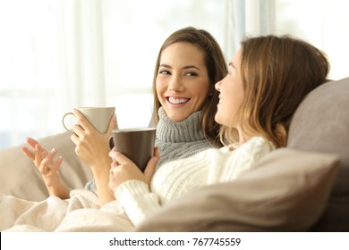 Two Happy Roommates Talking In Winter Sitting On A Sofa In The Living Room In A House Interior