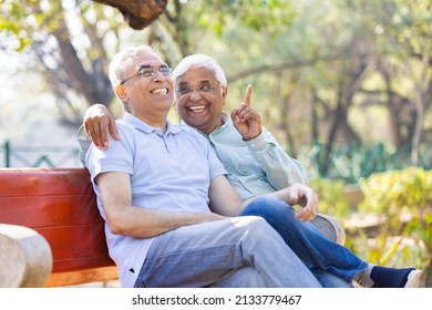 Two Happy Senior Male Friends Spending Leisure Time At Park