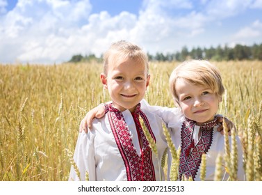Two happy smiling boys in national Ukrainian shirts stand side by side against the background of a wheat field. pride of the country, Ukrainian nationality. Patriotic education. Independence Day