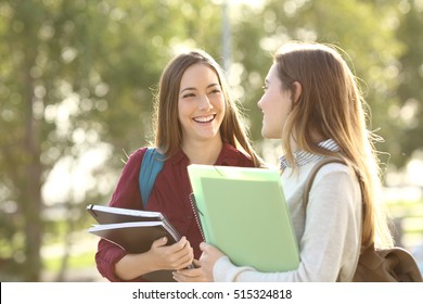 Two happy students walking and talking each other in a campus at sunset with a warm light - Shutterstock ID 515324818