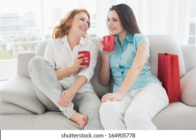 Two Happy Young Female Friends With Coffee Cups Conversing In The Living Room At Home