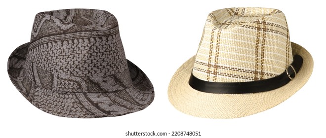 two hats with a brim .gray brown ans beige hats isolated on white background - Shutterstock ID 2208748051