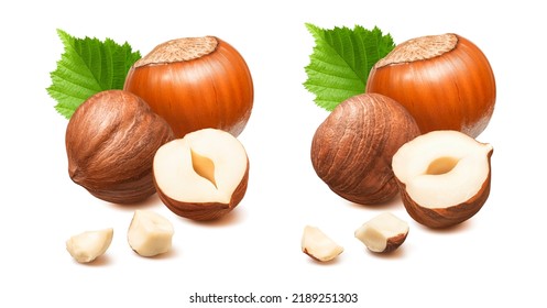 Two hazelnut groups with small pieces and leaves. Package design element with clipping path