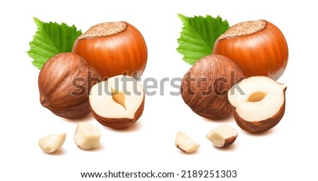Two hazelnut groups with small pieces and leaves. Package design element with clipping path