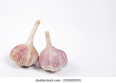 Two Heads Of Young Garlic On A White Background.The Concept Of Agriculture.Natural, Healthy, Environmentally Friendly Food For People.Cultivation Of Winter Varieties Of Garlic On The Plantation