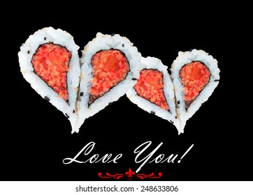 Two hearts forming from four pieces of sushi, love concept