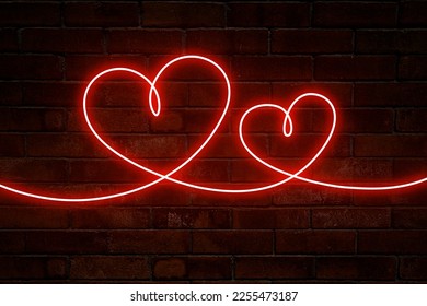 Two hearts. Neon hearts with a red glow on the background of an old brick wall. - Powered by Shutterstock