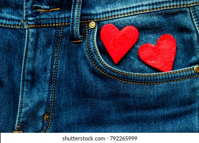 Two Hearts On A Background Of A Jeans Pocket Close-up.Valentines Day Background Consept.