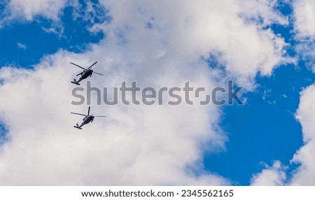 two helicopter rotorcraft. police helicopter. heli copter flight. helicopter transport. helicopter flying in the sky. copy space banner
