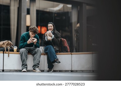 Two high school friends sit on a bench eating takeaway sandwiches and drinks. They share a casual outdoor lunch together in an urban public space.