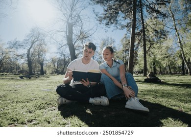 Two high school students study together outside on a grassy field, engaging in teamwork on a school project.