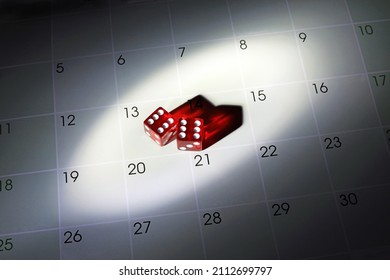 Two Highlighted Red Dice Showing Sixes On A Calendar With The Date Being The Thirteenth. Lucky Or Unlucky Concept.