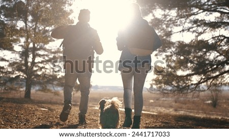 two hiker work as team. with backpacks walking in winter in a forest park in sun the sunny glare at sunset. Two tourists travel hiking in forest park, overcoming difficulties, teamwork concept