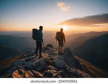 Two hikers, backpacks, mountain summit, sunset, scenic view, nature, outdoor adventure, rocky terrain, sunrise, exploration - Powered by Shutterstock