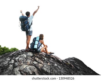 Two hikers with backpacks on top of a mountain isolated on a white background - Powered by Shutterstock