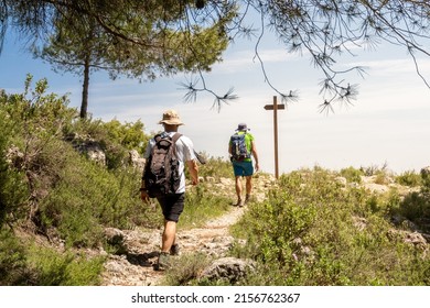 Two Hikers Walk Along A Rocky Path Enjoying Nature On A Sunny Summer Day.