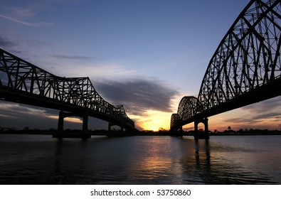 Two Historic Bridges At Sunset In Rural Louisiana.